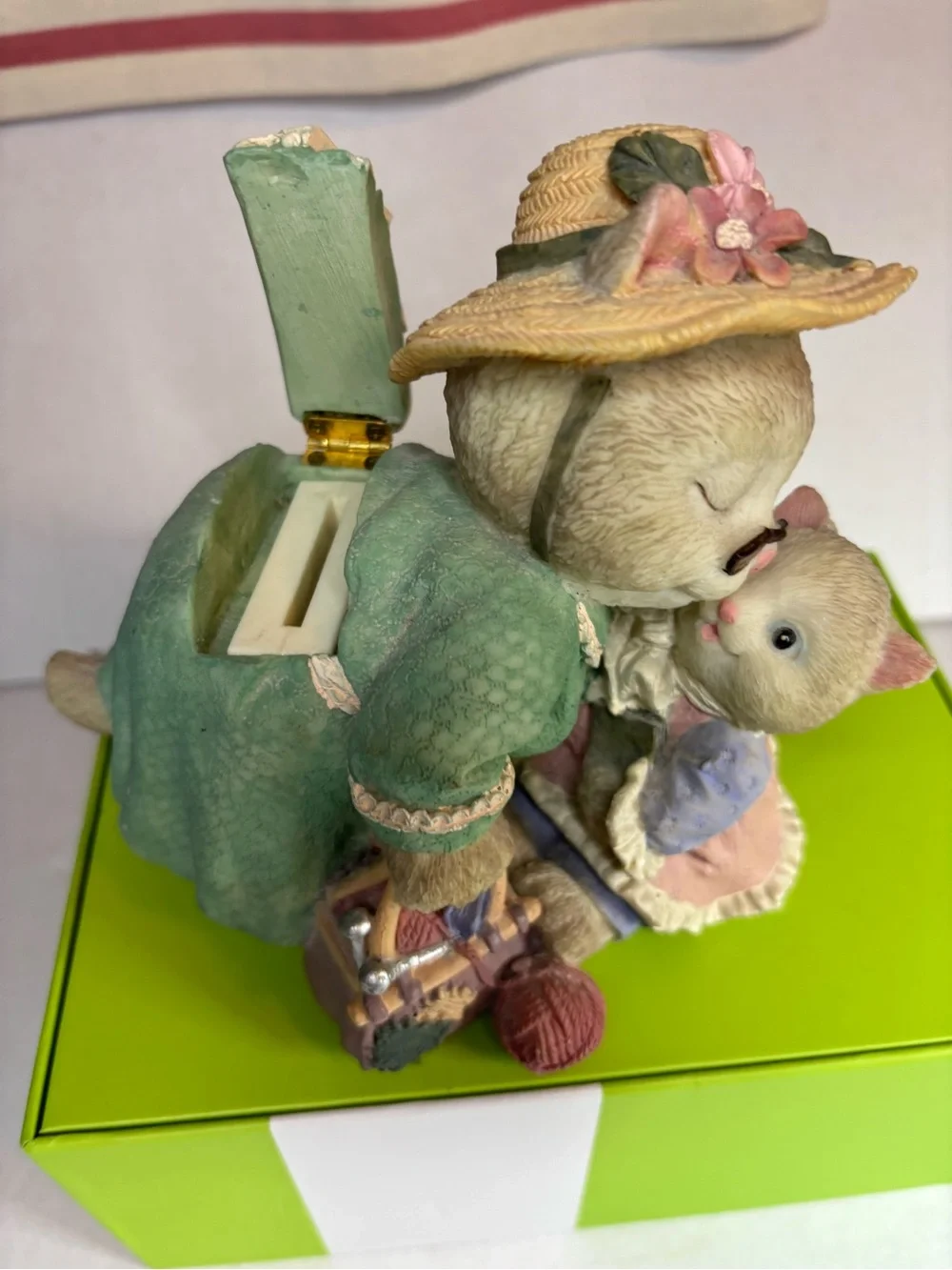 Hand-Painted resin Mother and Kitten Figurine - bank. Green, Pink, Cream